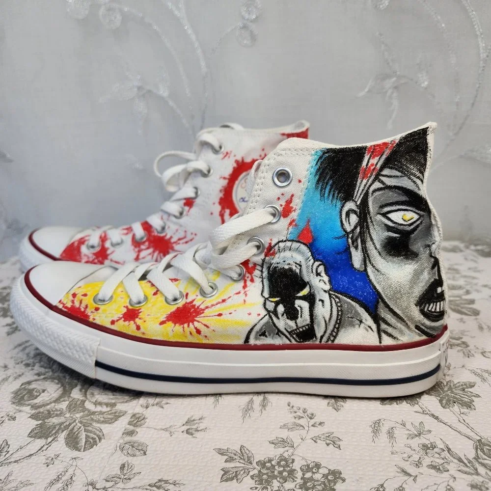 Custom Painted Zombie Hunter/Splatter Hi-Top Converse All-Stars Unisex W9/M7 - Picture 2 of 12